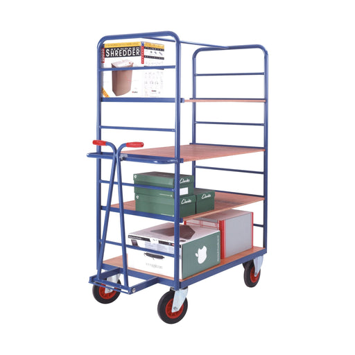 Blue shelf trolley truck with drawbar on a white background