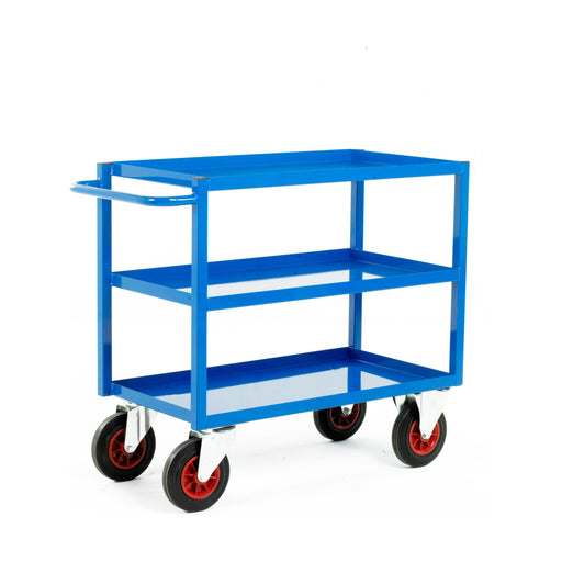 Two blue steel shelf tray trolleys with three shelves on a white background