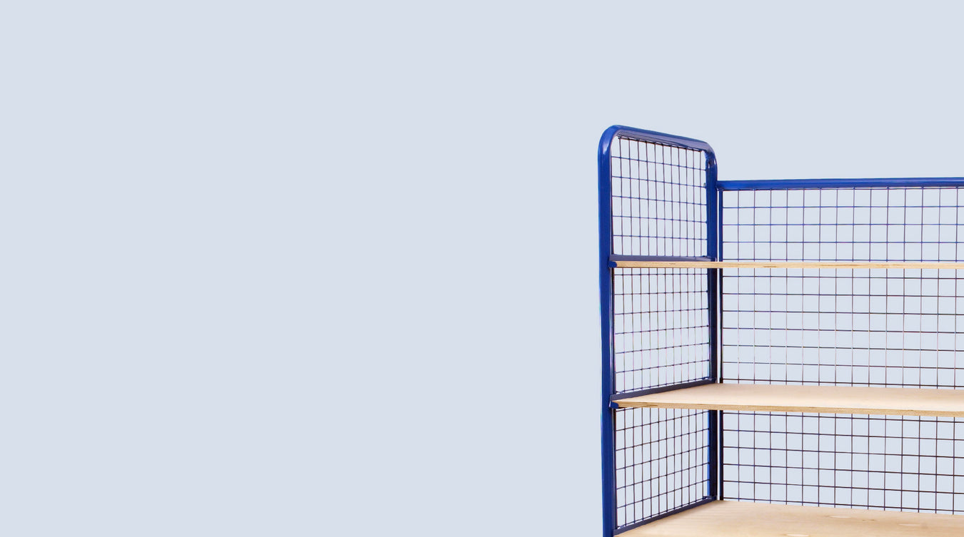 A Bluetrolley branded storage unit with a robust blue metal frame and mesh back, featuring multiple wooden against a complementary light blue background