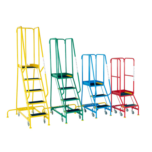 Narrow step ladders in yellow, green, blue, and red