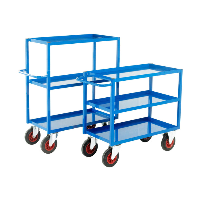 Two blue steel shelf tray trolleys with wheels on a white background
