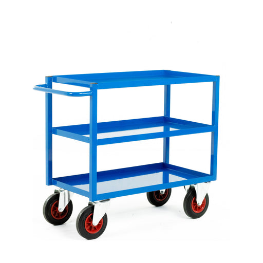 Two blue steel shelf tray trolleys with three shelves on a white background