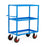 Large blue steel shelf tray trolleys with wheels on a white background