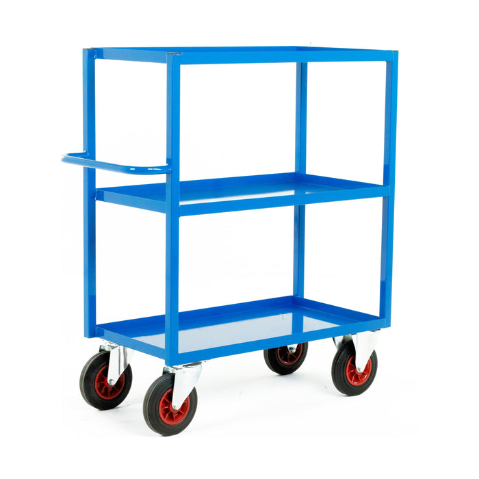 Large blue steel shelf tray trolleys with wheels on a white background